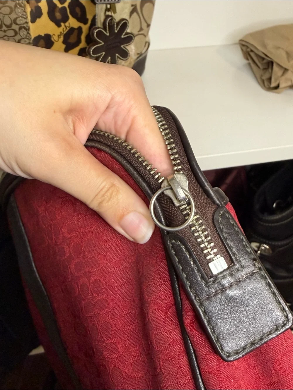Coach Red Signature Canvas Cosmetic Case with Brown Leather Trim